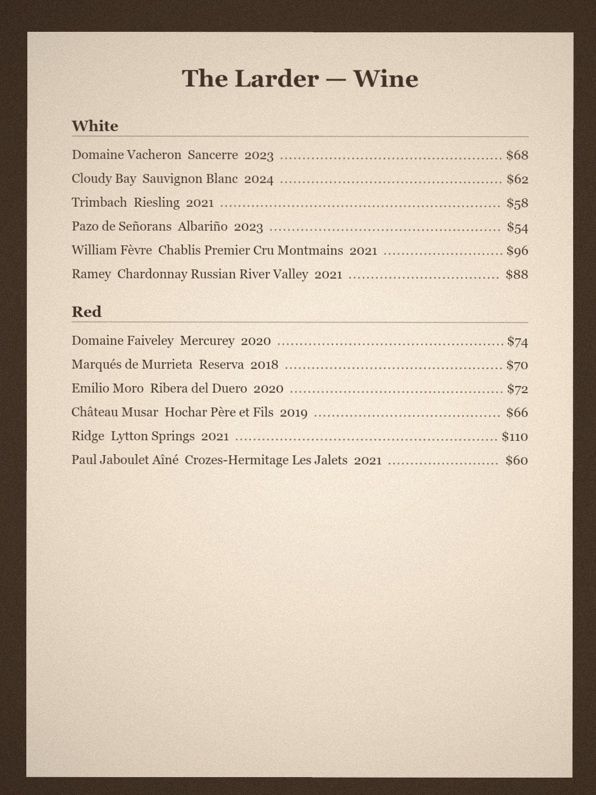 A sample restaurant wine list page with twelve wines and prices